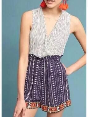 #67 ANTHROPOLOGIE LAIA embroidered striped romper size Large